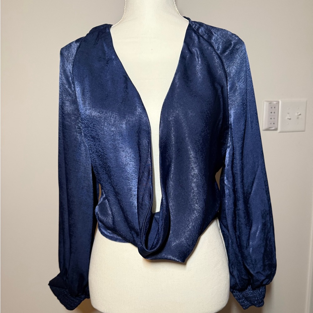 Navy Blue Plunge Silk Top